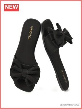 Women's Bow Flat Sandals Open Square Toe Comfortable Slide